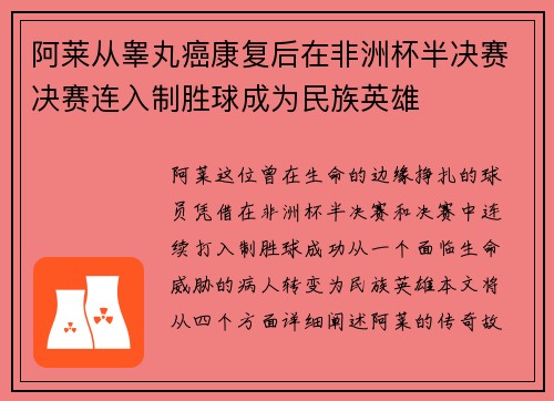 阿莱从睾丸癌康复后在非洲杯半决赛决赛连入制胜球成为民族英雄 阿莱从睾丸癌康复后在非洲杯半决赛决赛连入制胜球成为民族英雄