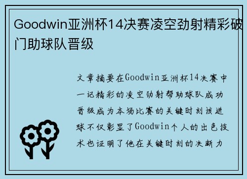Goodwin亚洲杯14决赛凌空劲射精彩破门助球队晋级
